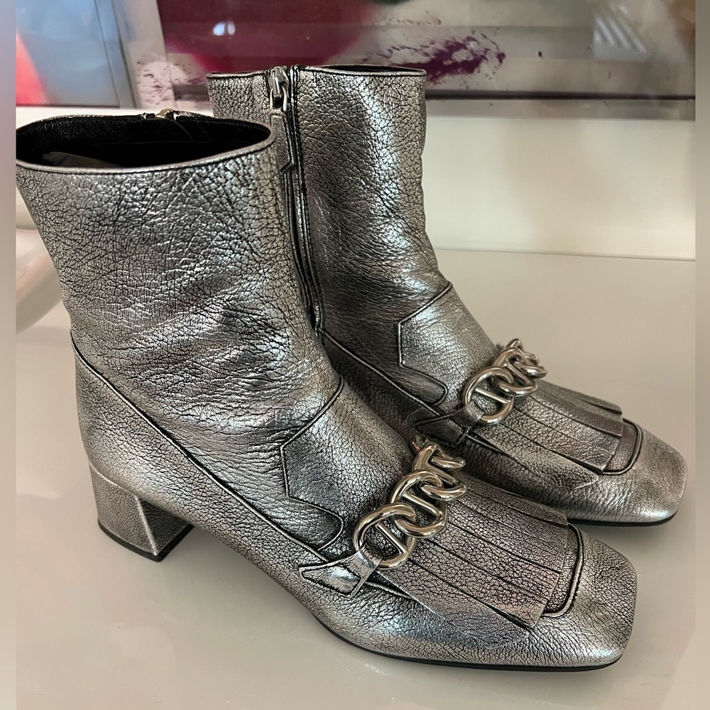 Prada Metallic Silver Heeled Boots with Chain Accent